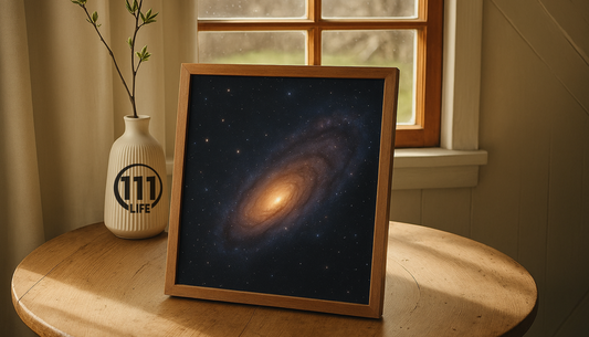 A framed photograph of a glowing spiral galaxy resting on a wooden table, bathed in soft natural light—symbolizing cosmic presence and alignment.
