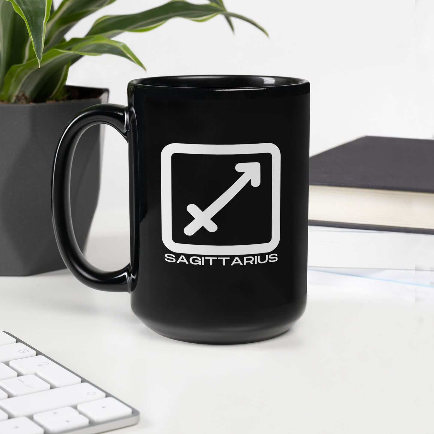 Black ceramic Sagittarius zodiac mug 15oz front view