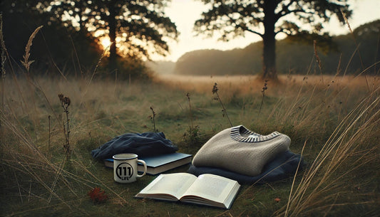 Open books on grass at sunrise beside a 111 Life mug, symbolizing neutral awareness and quiet reflection