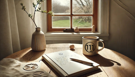 Open book beside a 111 Life mug on a kitchen table in soft light, symbolizing fresh perception and present awareness