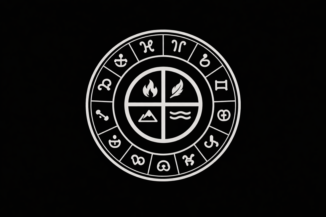 Astrology wheel with elemental symbolism representing the foundations of zodiac signs and astrological structure