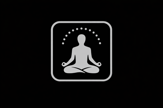 Minimal meditating figure surrounded by twelve small circles representing the twelve zodiac sign traits within a clean astrological framework