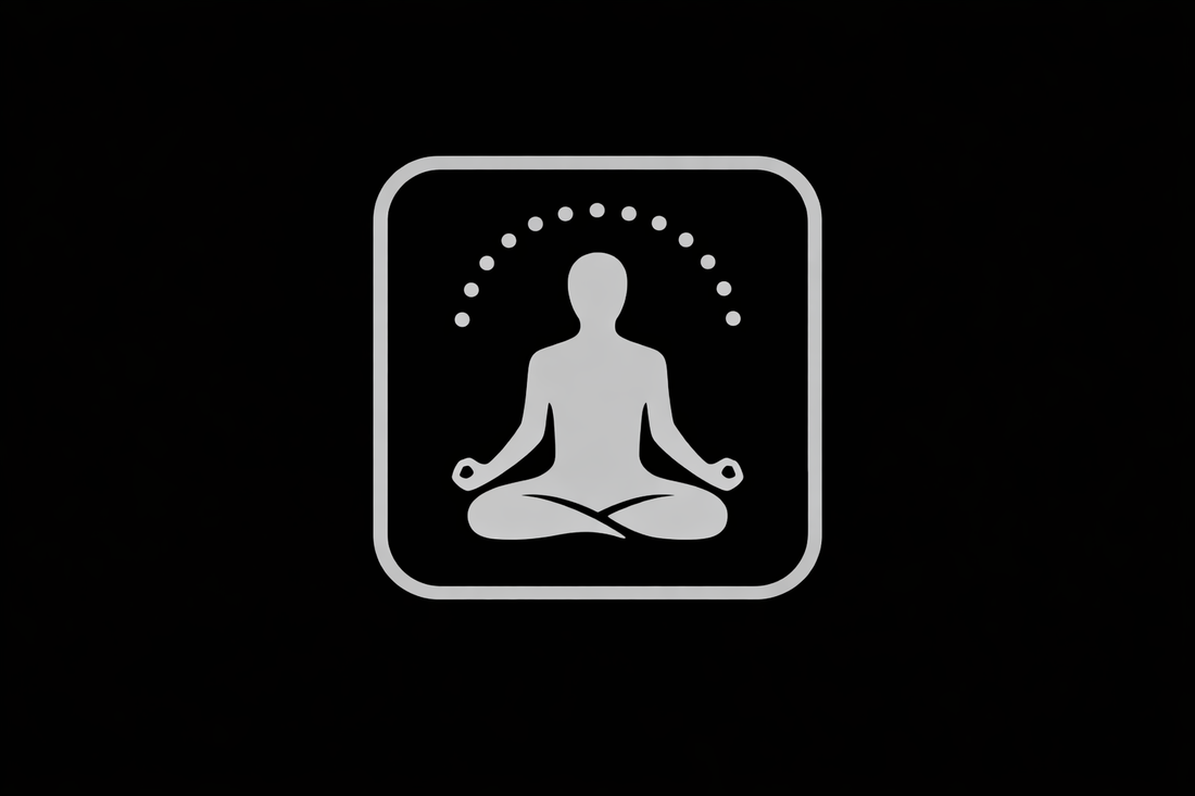 Minimal meditating figure surrounded by twelve small circles representing the twelve zodiac sign traits within a clean astrological framework