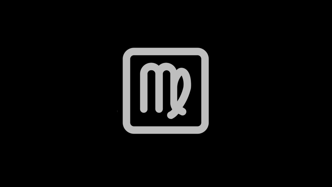 Gray Virgo zodiac symbol centered on a black background.