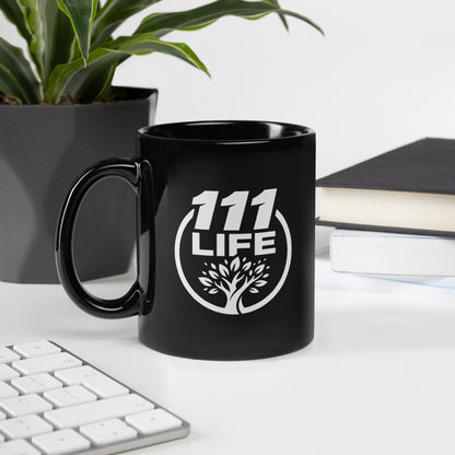 Black ceramic 111 Life logo mug 11oz front view