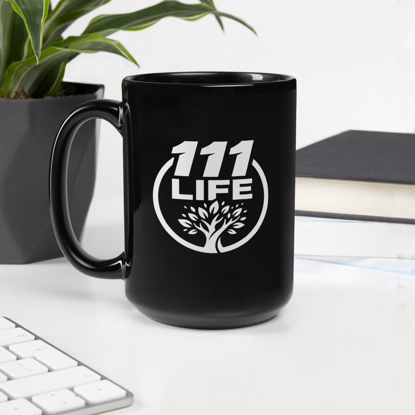 Black ceramic 111 Life logo mug 15oz front view