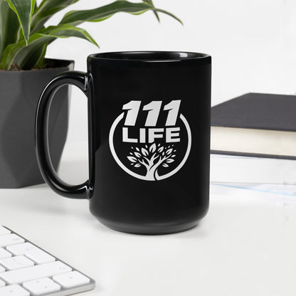 Black ceramic 111 Life logo mug 15oz front view