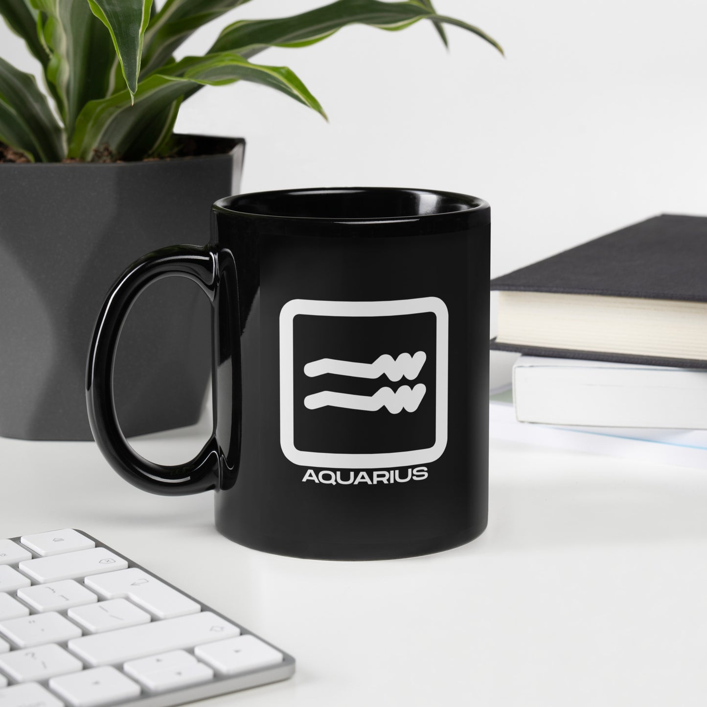 Black ceramic Aquarius zodiac mug 11oz front view
