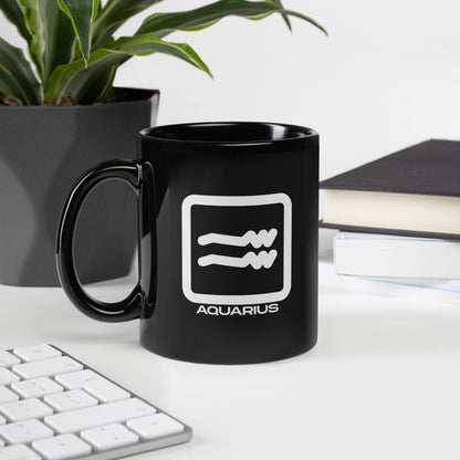 Black ceramic Aquarius zodiac mug 11oz front view