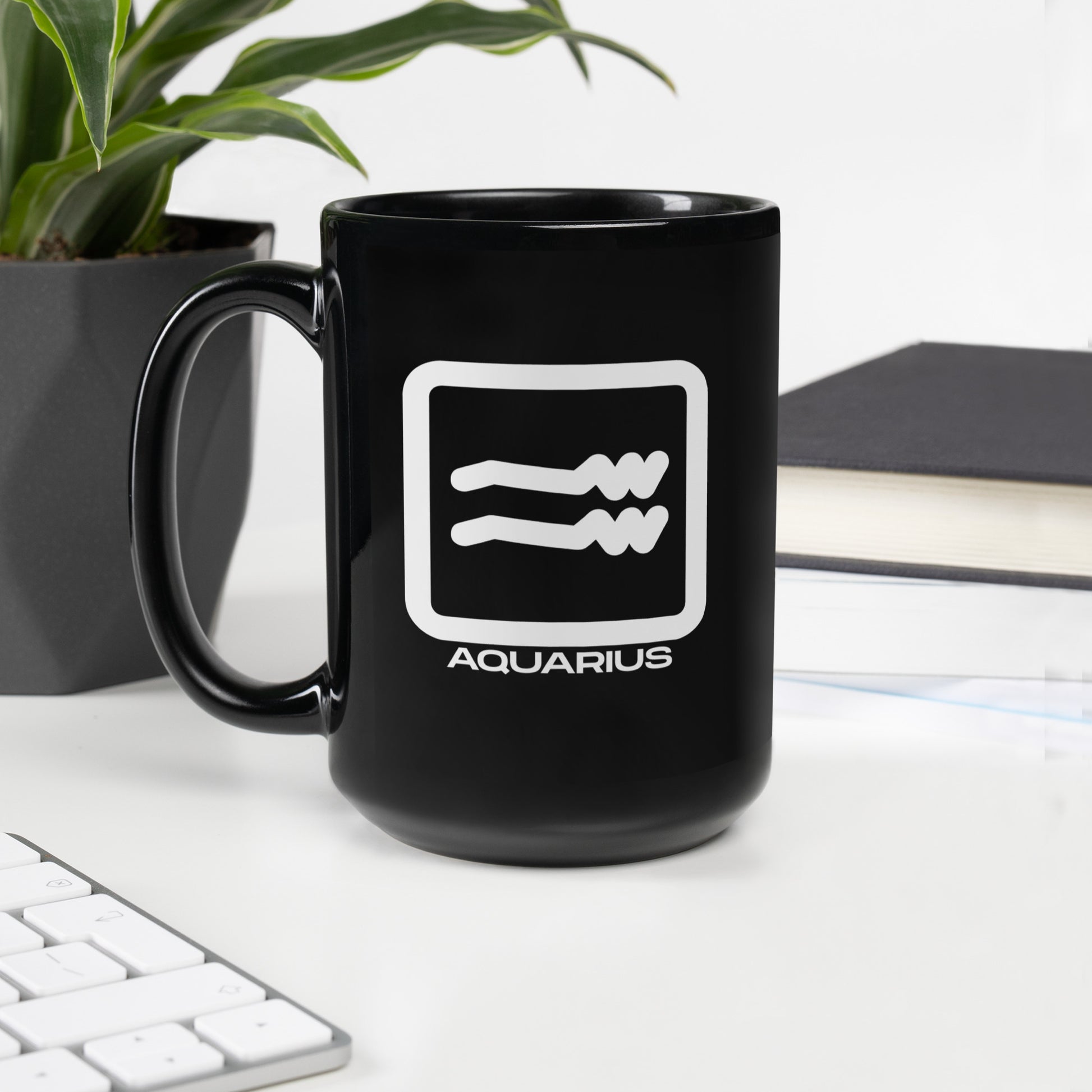 Black ceramic Aquarius zodiac mug 15oz front view