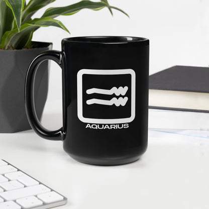 Black ceramic Aquarius zodiac mug 15oz front view