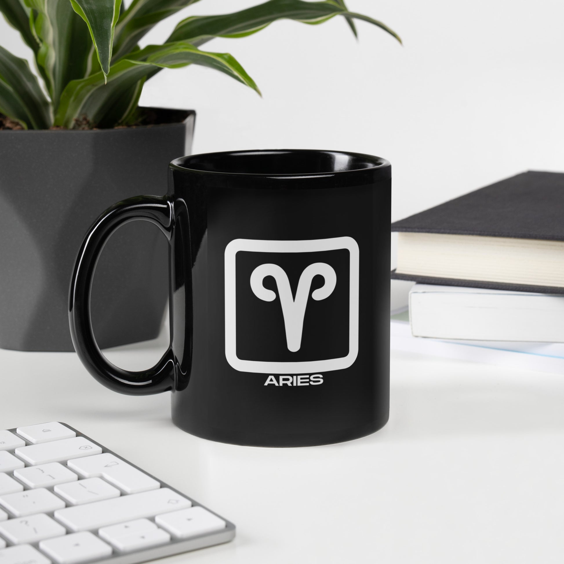 Black ceramic Aries zodiac mug 11oz front view