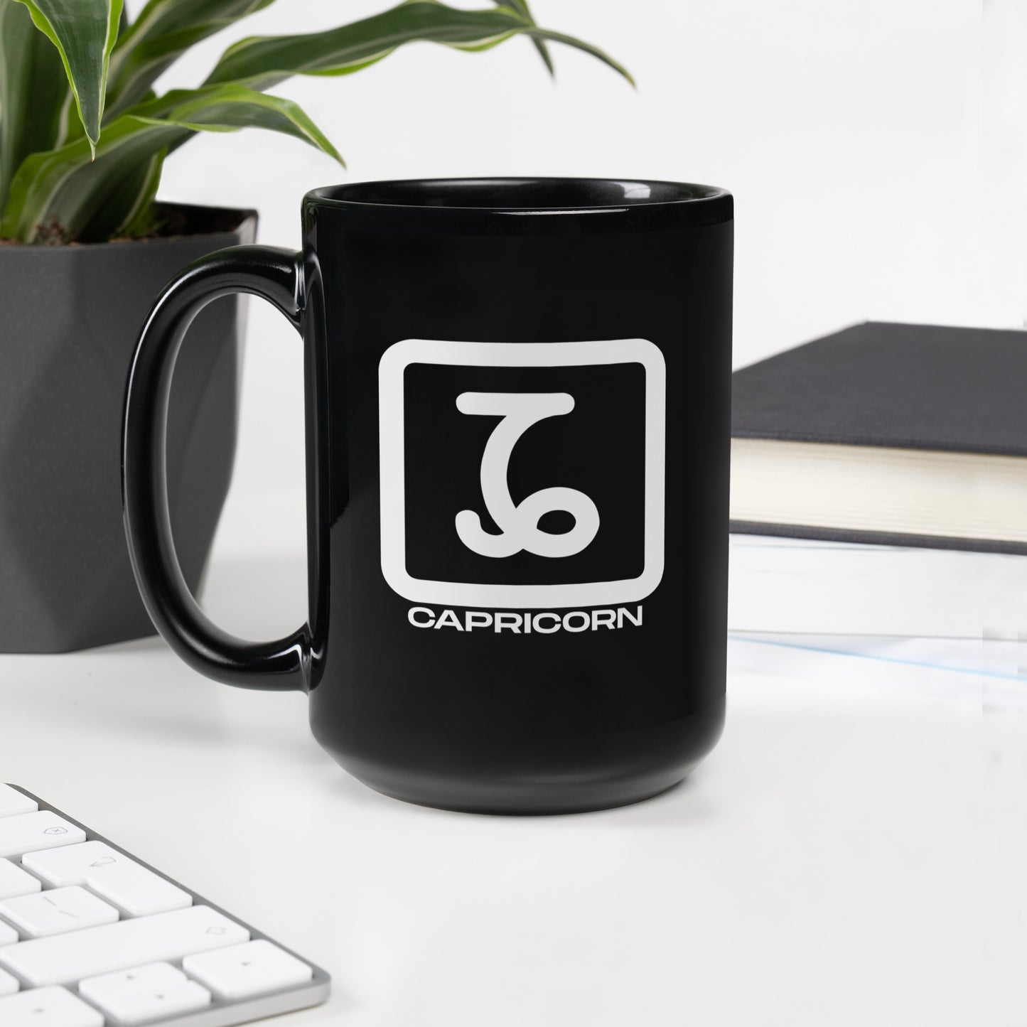Black ceramic Capricorn zodiac mug 15oz front view