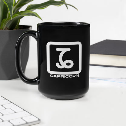 Black ceramic Capricorn zodiac mug 15oz front view