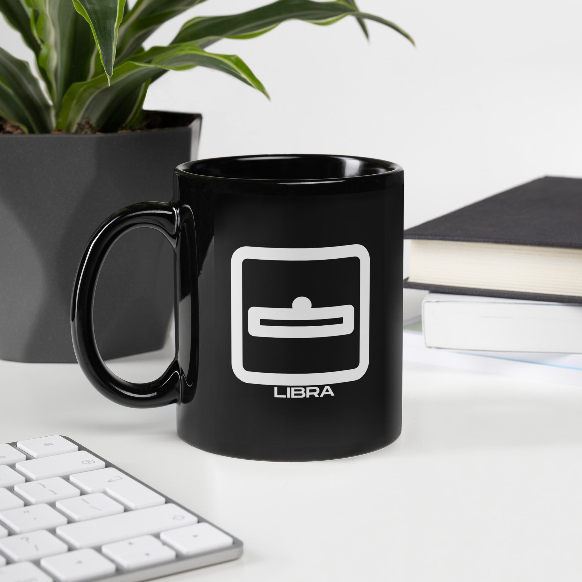 Black ceramic Libra zodiac mug 11oz front view