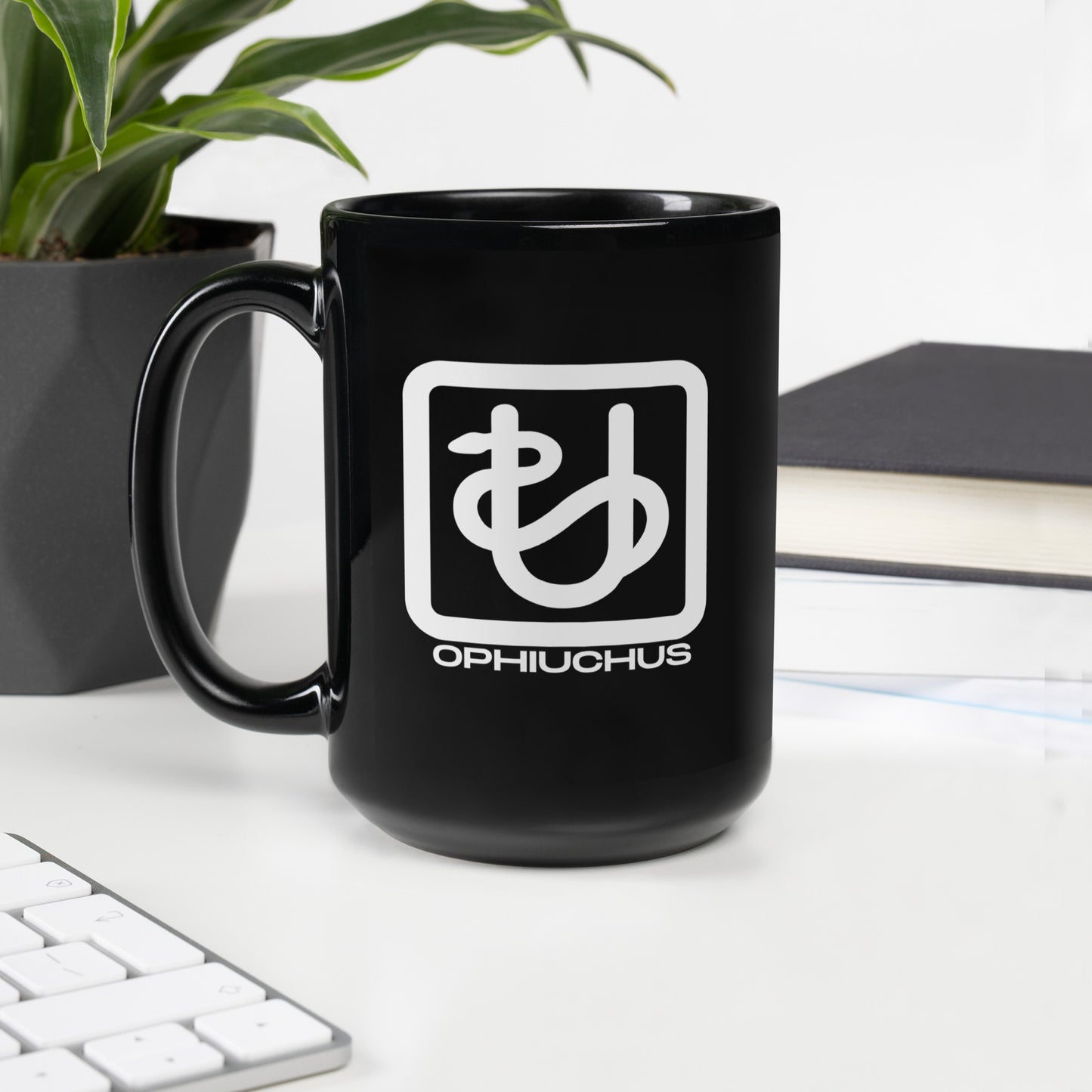 Black ceramic Ophiuchus zodiac mug 15oz front view