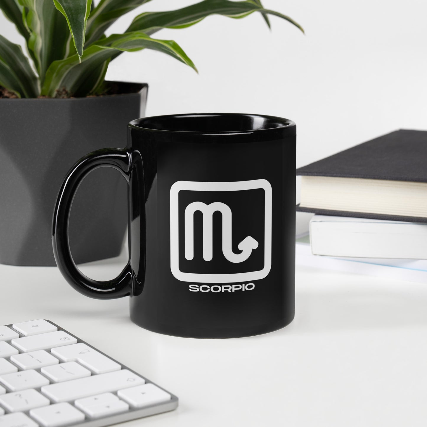 Black ceramic Scorpio zodiac mug 11oz front view