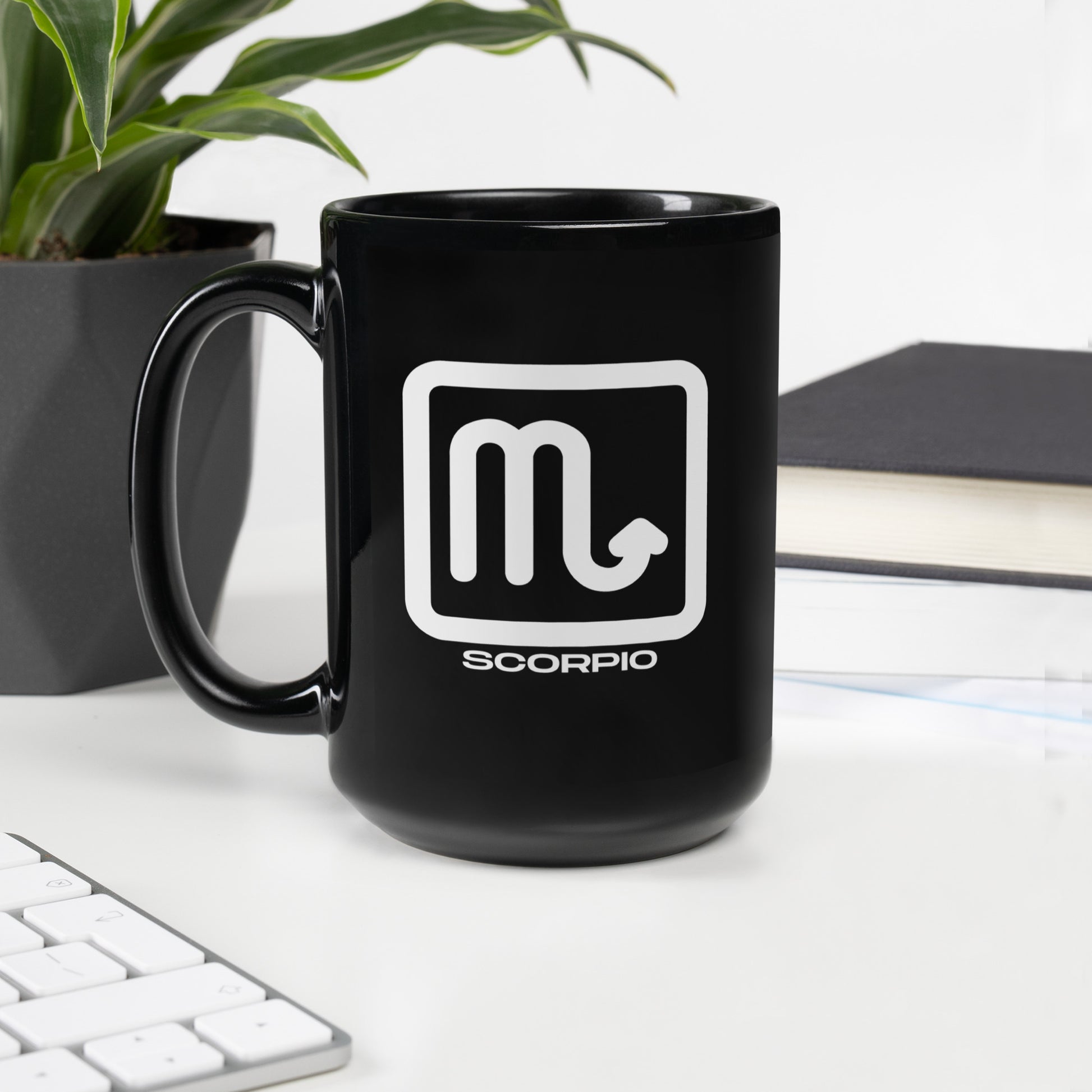 Black ceramic Scorpio zodiac mug 15oz front view