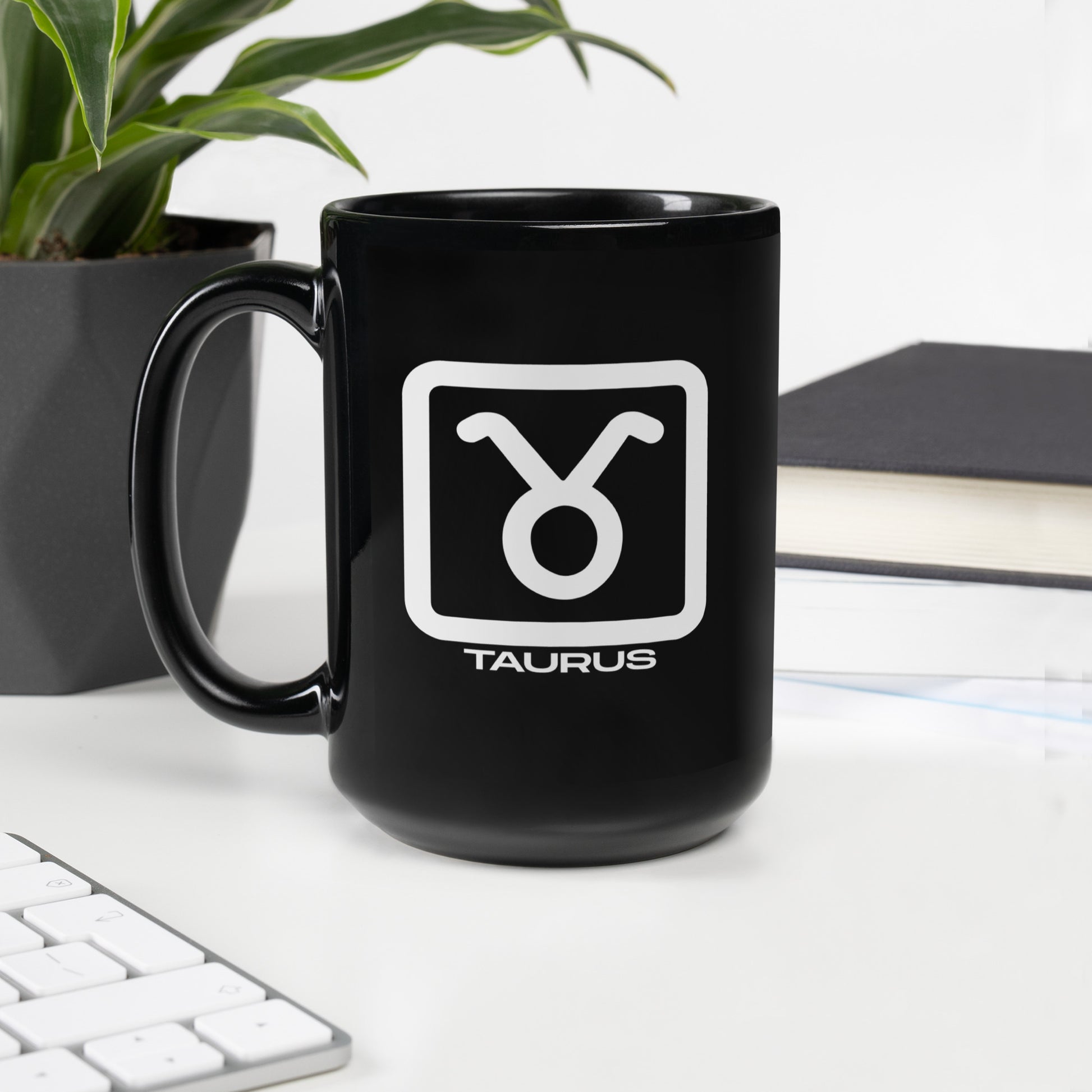 Black ceramic Taurus zodiac mug 15oz front view
